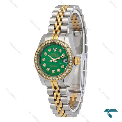 ساعت رولکس دیت جاست زنانه دورنگ طلایی صفحه سبز دورنگین اسمال Rolex-8252-L
