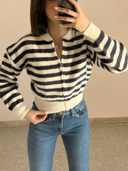 بامبر بافت راه راه سورمه ای H&M کد 256