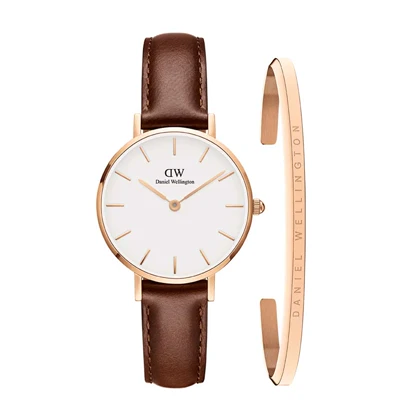 ست ساعت و دستبند زنانه دنیل ولینگتون بند چرم قهوه ای قاب رز DW-4917-L