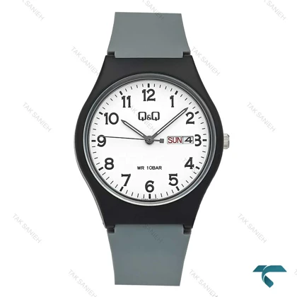 ساعت مچی کیو کیو مردانه دو تقویمه صفحه سفید بند رابر طوسی QQ-7767-G