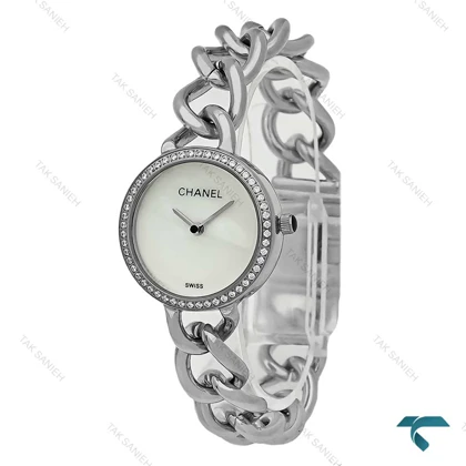 ساعت شنل زنانه استیل گرد صفحه سفید دورنگین Chanel-7962-L