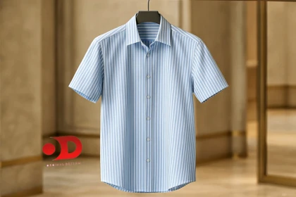 پیراهن آستین کوتاه راه راه آبی آسمانی مردانه پارچه نخ صددرصد اورجینال دیلم کد 2