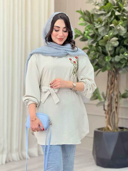 مانتو گلدوزی جلوبسته کمردار