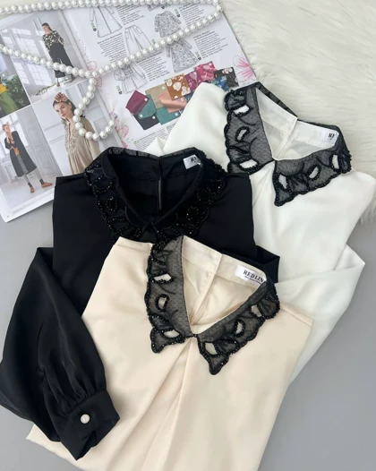 شومیز ساتن با یقه ی منجوق دوزی کد 4791