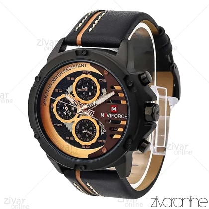 ساعت اورجینال ناوی فورس NaviForce مردانه سه موتوره مشکی رزگلد بند چرم 107046