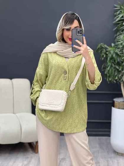 شومیز دو دکمه چوبی آستین پاگن