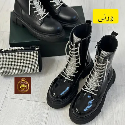 نیم بوت زنانه نگینی بندی چرم و ورنی