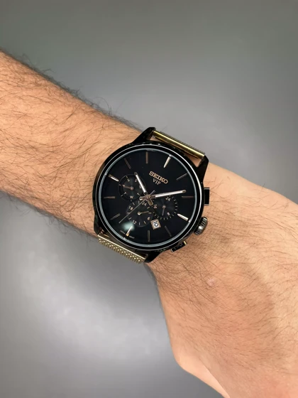 ساعت مچی سیکو فول دیت بند حصیری رزگلد صفحه مشکی Seiko VIP