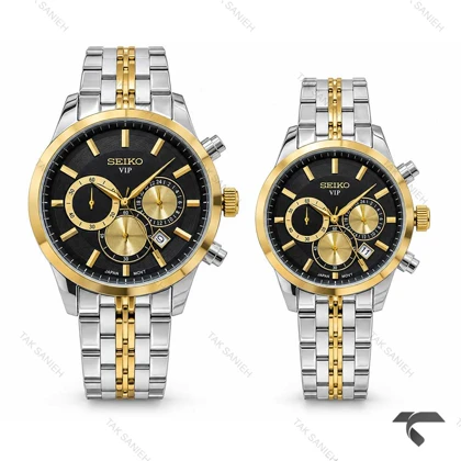 ست ساعت عروس دامادی سیکو کورنوگراف دو رنگ طلایی صفحه مشکی Seiko-11446-S