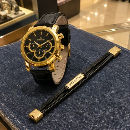 پکیج ساعت romanson مشکی طلایی مدل B62 + دستبند چرم مردانه مدل پلاک دار