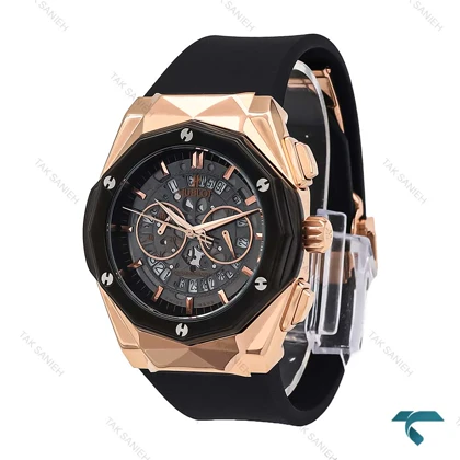 ساعت هابلوت مردانه چند ضلعی رزگلد مشکی صفحه اسکلتون Hublot-6791-G