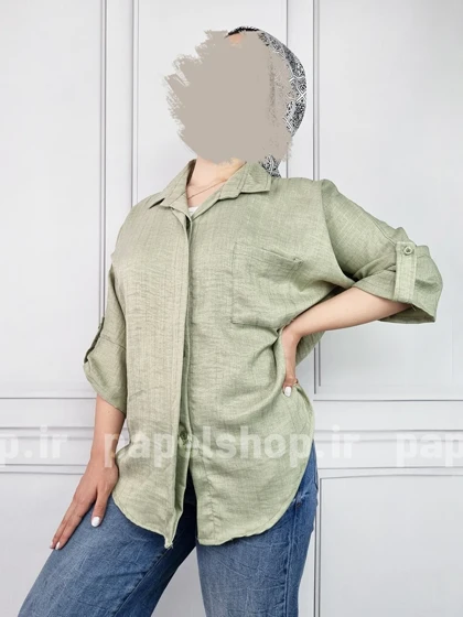 شومیز مانتویی جلو دکمه راه راه لمه جیب‌دار