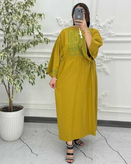 پیراهن لینن گلدوزی آستین کیمونو خردلی 6025