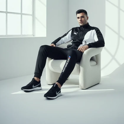 ست سویشرت شلوار مردانه مشکی مدل MotorSport+ کفش ورزشی مردانه Nike مدل Tigo زیره سفید