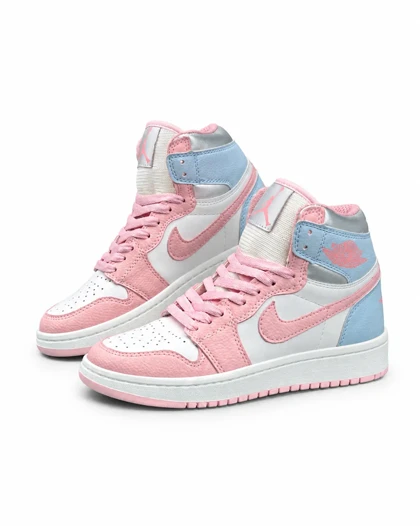 کفش کتانی زنانه مدل جردن وان ساق‌دار آبی سفید صورتی Nike jordan1