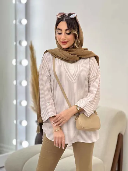 شومیز راه راه ترکیبی جلو بسته