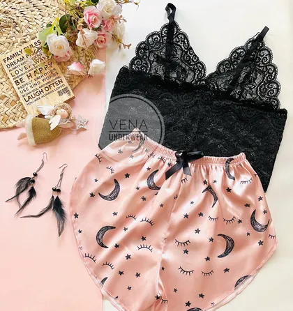 ست تاپ شورتک ساتن طرح ماه