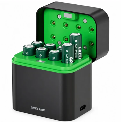 شارژر باتری نیم قلمی گرین لاین Green Lion مدل GRB-12 همراه 8 باتری AAA