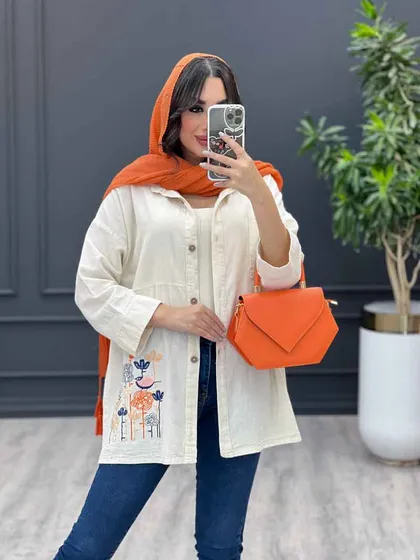 مانتو لینن نچرال گلدوزی