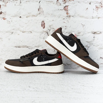 کفش کتانی زنانه نایک ایر جردن 1 ترویس دارک موکا (Nike Air Jordan 1 x Low Travis Scott Dark Mocha) کد 2336