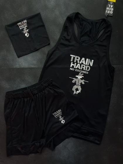 ست 3تیکه رکابی و شلوارک و اسکارف train hard