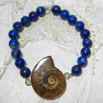 دستبند آمونیت با قاب نقره و سنگ لاجورد اصل