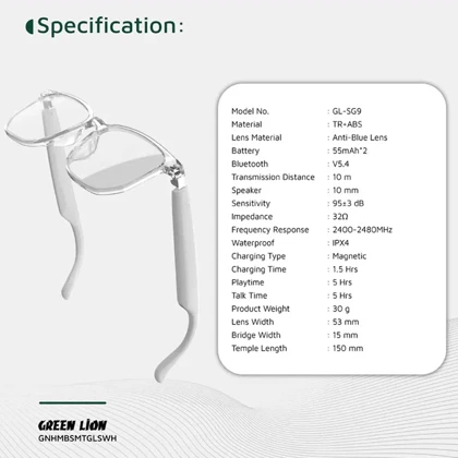 عینک هوشمند گرین‌لاین Green Lion GNHMBSMTGLSWH با لنز ضد نور آبی و UV400