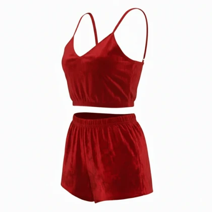 ست نیم‌تنه و شلوارک مخمل قرمز