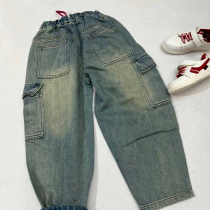 شلوار جین سنگ شور شده مام 6 جیب بند صورتی