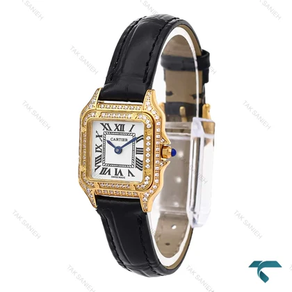 ساعت مچی کارتیه پنته زنانه طلایی بند چرم فول نگین Cartier-6273-L