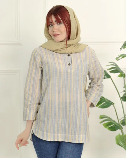 شومیز راه راه بغل دکمه زنانه 0887
