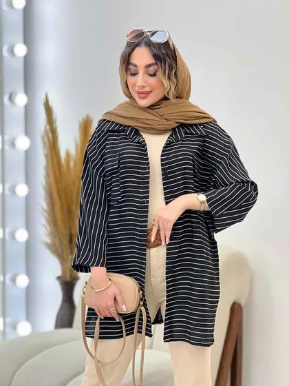 مانتو راه راه دو جیب پاکتی پایین هلال