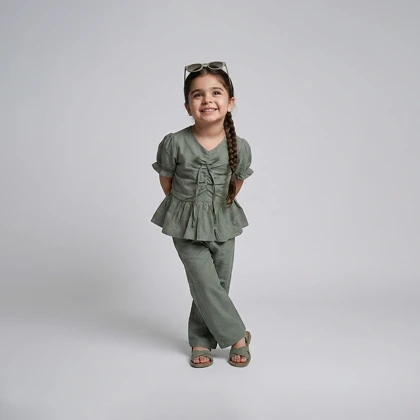 ست شومیز شلوار دخترانه لینن مدل پرنسس سبز سایز 40,50