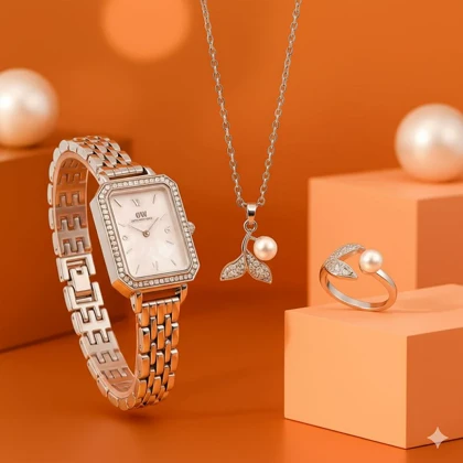 ست زنانه ساعت و گردنبند و انگشتر مدل مروارید -نقره ای ویژه