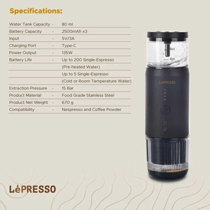 اسپرسو ساز 80 میلی‌لیتر شارژی لپرسو LPCFFM0001-BK