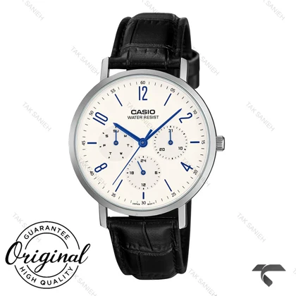 ساعت مردانه کاسیو MTP-VT06L-7B سه موتوره مشکی صفحه سفید بند چرم Casio-10793-G