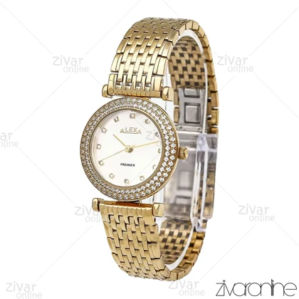 ساعت الکسا پریمیر 0105 زنانه طلایی صفحه سفید دور نگین 106137