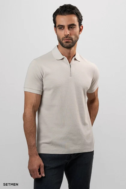 تیشرت یقه نیم زیپ سوزنی ساده