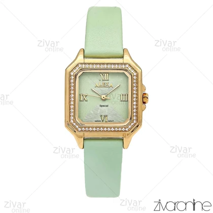 ساعت الکسا اسپشیال A2019 زنانه طلایی سبز دور نگین بند چرمی 106213