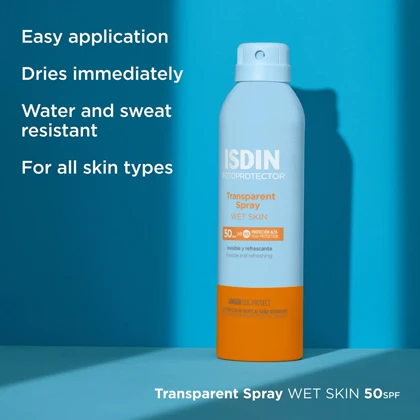 اسپری ضد آفتاب شفاف ایزدین Isdin مدل Transparent SPF 50 حجم 250 میلی‌لیتر مناسب انواع پوست