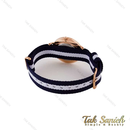 ساعت دنیل ولینگتون زنانه رزگلد صفحه مشکی بند برزنت سرمه ای سفید DW-4976-L