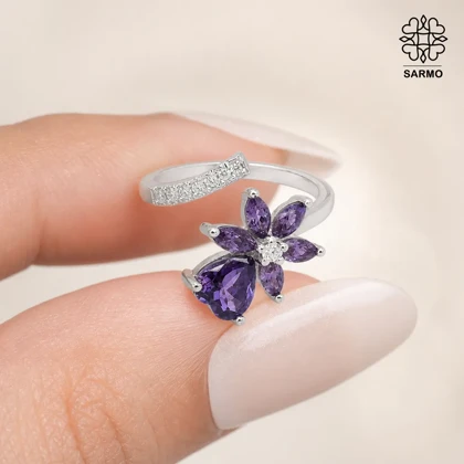 انگشتر استیل گل‌دار طرح قلب رنگ بنفش نقره ای کد 407074014