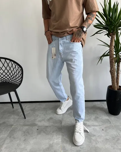 شلوار مام فیت ابی یخی ساده ZARA