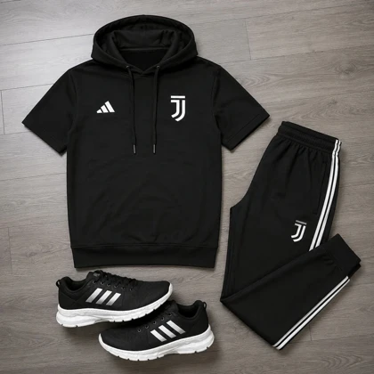 پکیج ست تیشرت کلاهدار و شلوار مردانه مدل Juventus + کفش ورزشی مردانه مدل Alshen