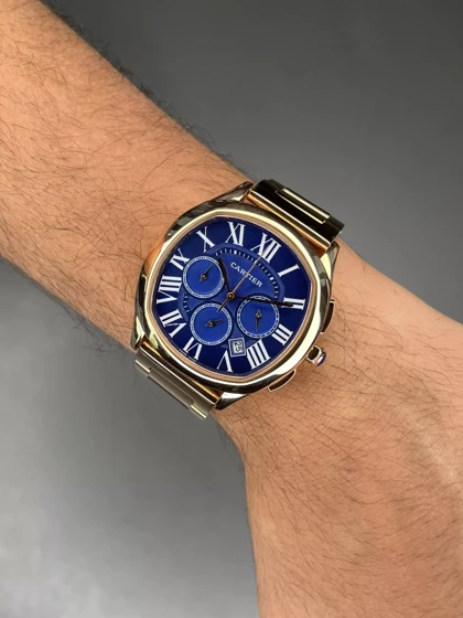 ساعت مچی کارتیه کورنوگراف بند فلزی رزگلد صفحه آبی Cartier