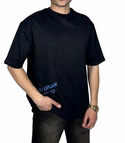 تیشرت آستین کوتاه مردانه مشکی با چاپ نوشته آبی