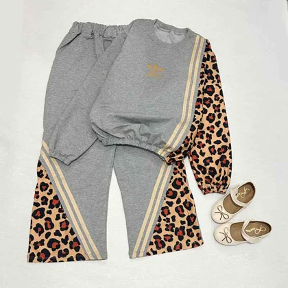 بلوز شلوار دخترانه طوسی طرح پلنگی تنیجری