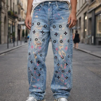 شلوار بگ کاستوم شده رنگ پاش هنری بلن خاص کد 6458