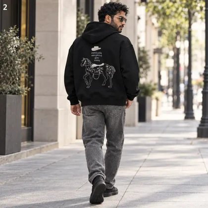 هودی مردانه اورسایز باکسی طرح گلدوزی اسب Modern Fashion مشکی پرسیسکا
