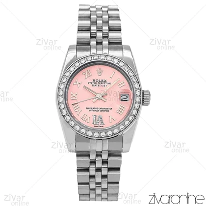 ساعت رولکس دیت جاست زنانه صفحه صورتی ایندکس اعداد رومی 106851
